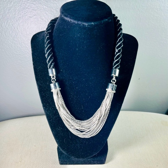 Vintage Black Rope With Silver Chains Necklace Choker - Picture 3 of 8